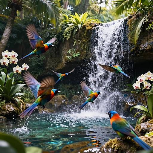 Vibrant Tropical Birds by Waterfall