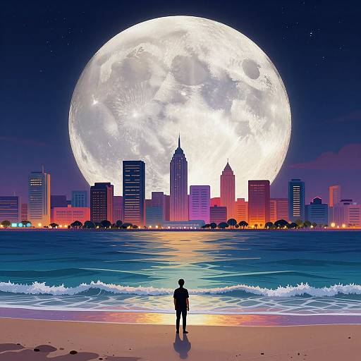 Digital art of a silhouetted person standing on a beach, facing a massive, luminous full moon over a neon-lit city skyline and