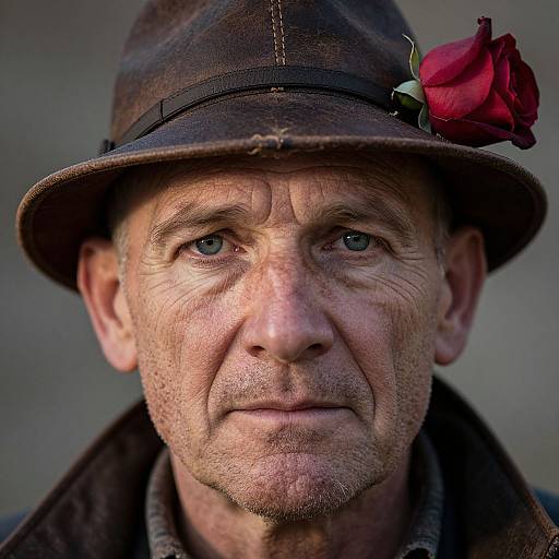 Close-up photograph of an elderly white man with wrinkled skin, blue eyes, and a serious expression, wearing a brown hat with a red rose and