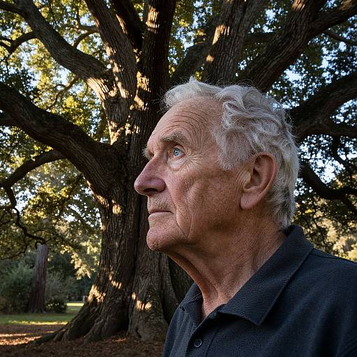 Photograph of an elderly white man with white curly hair, wearing a black polo shirt, looking thoughtfully to the right, in front of a large