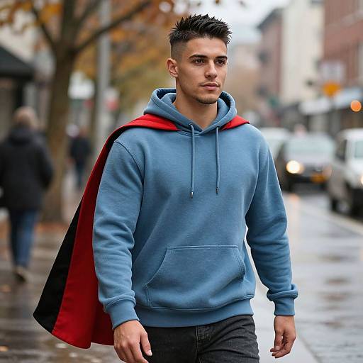 Photograph of a young, handsome man with short, spiked black hair, wearing a blue hoodie with a red cape, walking on a rainy urban street