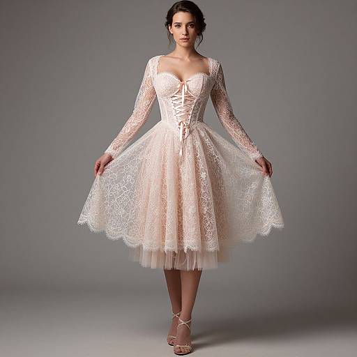 Photograph of a woman in a white lace, long-sleeve, sweetheart-neck, knee-length dress with a full skirt, holding out the sides