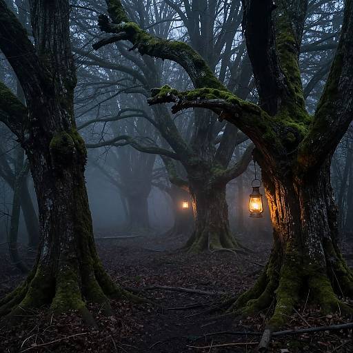 Dark Creepy Forest with Lanterns