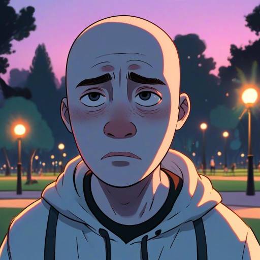 Sad Bald Cartoon Character in Park at Dusk