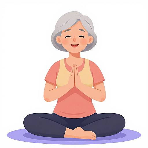 Digital illustration of a smiling elderly woman with short gray hair, wearing a pink shirt and black pants, seated in a lotus position, hands in prayer