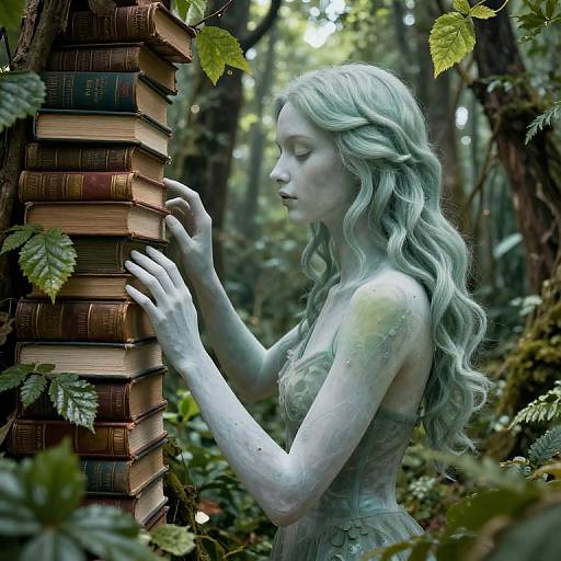 Digital artwork of a pale, ethereal woman with long, wavy, white hair touching a stack of old books in a forest.