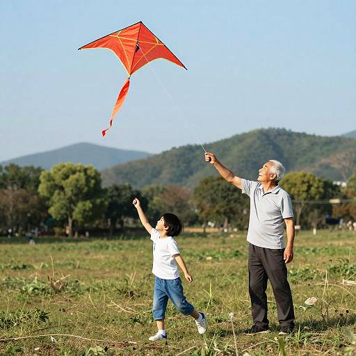 Elderly Man and Child Flying Kite