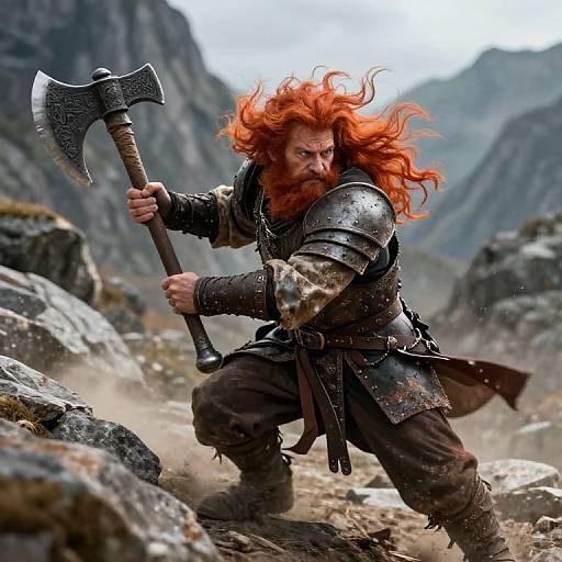 Photorealistic digital art of a fierce, red-bearded warrior with long hair, wielding a double-headed axe, clad in metal armor, crou