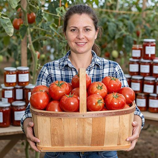 Woman Showcasing Abundant Organic Tomatoes