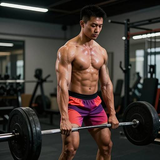 Photograph of a muscular, tan-skinned Asian man with short black hair, shirtless, wearing red and purple shorts, lifting a heavy barbell