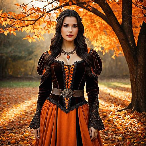 Woman in Orange Medieval Dress in Autumn Forest