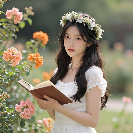 Photograph of an Asian woman with long black hair, wearing a white floral crown and dress, reading a book amidst blooming pink and orange roses in