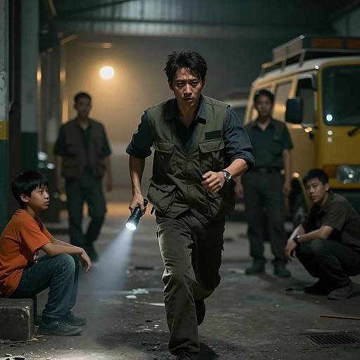 Man Running with Flashlight in Industrial Setting