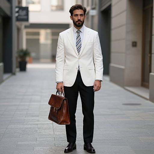 Photograph of a bearded man with dark hair, wearing a white blazer, striped tie, black pants, holding a brown leather briefcase,