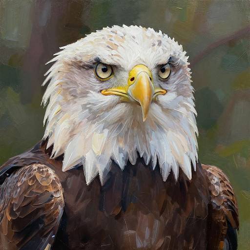 Digital painting of a fierce bald eagle with intense yellow eyes, yellow beak, white-feathered head, and brown-feathered body against a