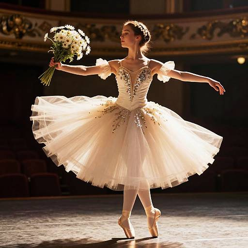 Photograph of a ballerina in a radiant white tutu, holding a bouquet of flowers, dancing en pointe under stage lights.
