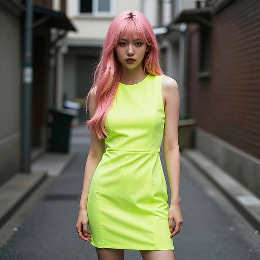 Young Woman with Pink Hair in Neon Green Dress