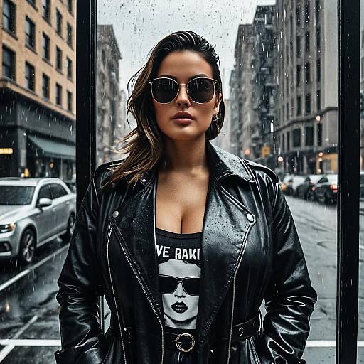 Woman in Leather Trench Coat on Rainy Urban Street