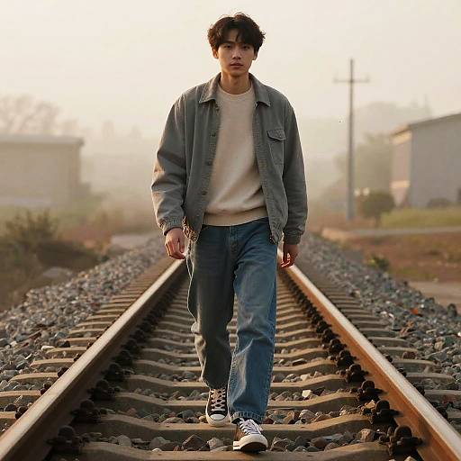 Photograph of an Asian teenage boy with tousled black hair, wearing a gray jacket, white tee, blue jeans, and black sneakers, walking on