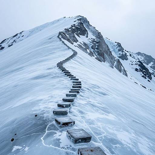 Photograph of a snow-covered mountain peak with a series of black, rectangular steps ascending diagonally from bottom center to the jagged, rocky summit under