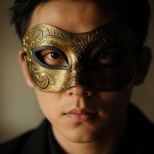 Close-up photograph of a young man with short black hair, wearing a gold and black ornate masquerade mask, partially shadowed face, neutral