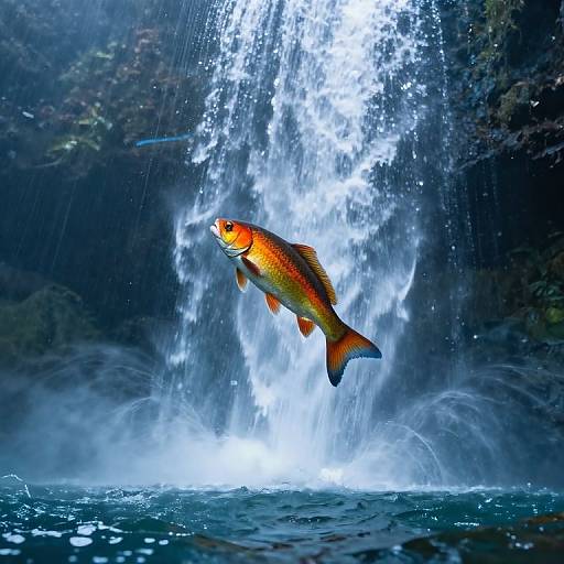 Vibrant orange fish with black stripes leaps from crystal-clear water beneath a cascading waterfall, surrounded by mist and dark, rocky cliffs. Photoreal