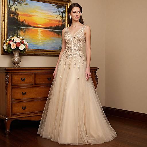 Photograph of a fair-skinned woman with dark hair wearing a sleeveless, ivory, lace-embellished wedding gown, standing in a room