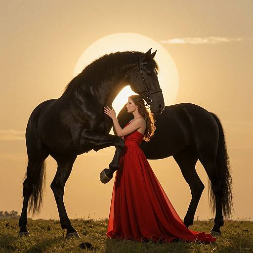 Photograph of a woman in a red, sleeveless gown, embracing a black horse at sunset, with the sun directly behind them.