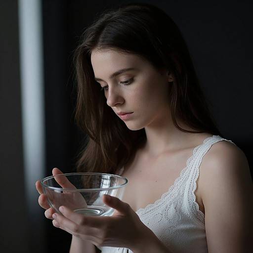 Photograph of a young woman with long brown hair, wearing a white lace tank top, holding a clear glass, looking down thoughtfully in dim,