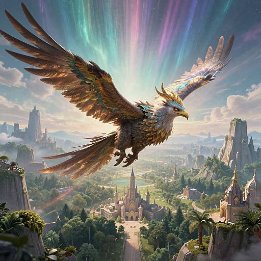Digital fantasy artwork of a majestic, rainbow-feathered eagle soaring over a lush, sunlit ancient cityscape with towering spires and vibrant, colorful