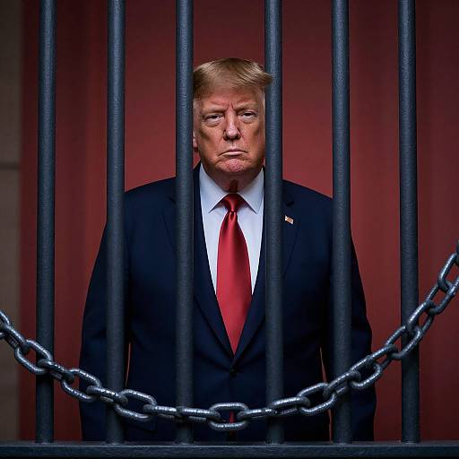 Photograph of Donald Trump, with blond hair, wearing a black suit and red tie, standing behind black iron bars and a chain. Red background.