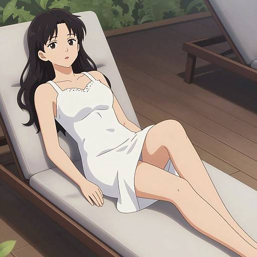 Anime-style digital illustration of a black-haired woman in a white sundress, reclining on a wooden deck chair, with greenery in the background.