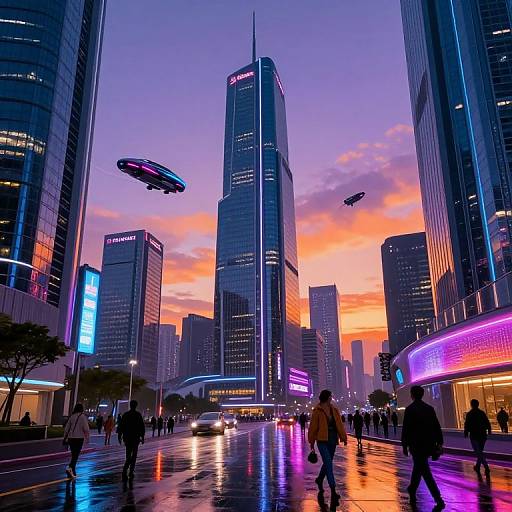 Photograph of a futuristic cityscape at sunset, featuring towering skyscrapers with neon lights, flying drones, and people walking on a reflective, wet