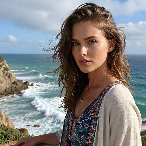 Photograph of a beautiful young woman with light brown hair, blue eyes, wearing a patterned blue dress and white cardigan, standing by a rocky