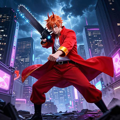 Anime-style digital artwork of a red-haired, horned young man in a red coat and pants, wielding a glowing chainsaw, standing in a neon