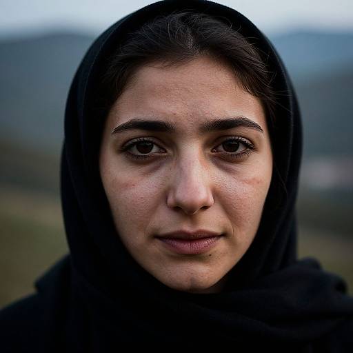 Photograph of a Middle Eastern woman with olive skin, dark eyes, and black headscarf, looking directly at the camera against a blurred mountainous