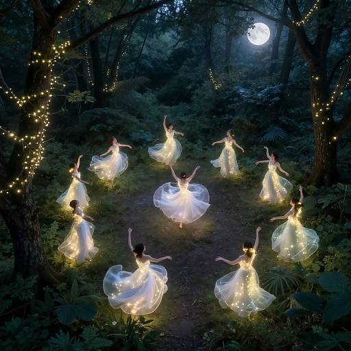 Photograph of eight ethereal, glowing ballerinas in white tutus, illuminated by fairy lights, dancing in a moonlit forest clearing.