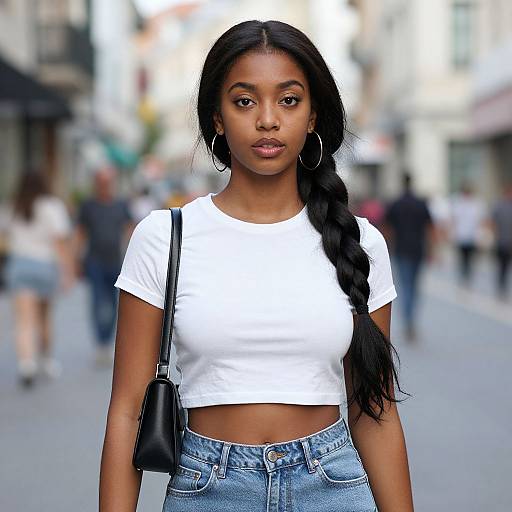 Photograph of a young Black woman with long braided hair, wearing a white crop top and blue jeans, standing on a busy city street with blurred