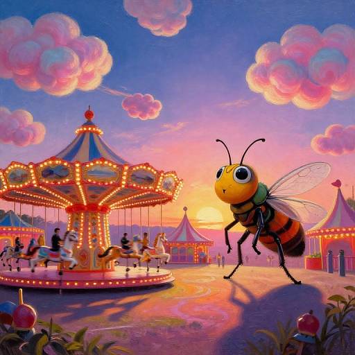 Cartoon bee with large eyes and transparent wings stands on carnival ground, colorful carousel lit with lights against vibrant sunset sky.