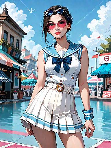 Stylish Woman in Nautical Dress at Market