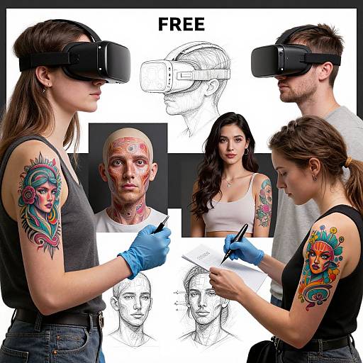 Photograph collage: Four people, two women and two men, wearing VR headsets, showcasing colorful tattoos; one man has face paint. Text reads