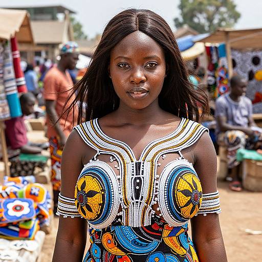 Photograph of a Black woman with dark skin and straight black hair, wearing a colorful, intricate beaded dress, standing in a vibrant, bustling outdoor