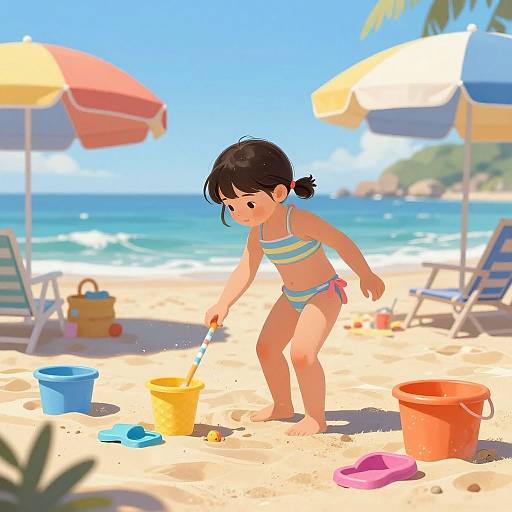 Digital illustration of a young girl in a striped bikini, playing on a sunny beach with colorful buckets and toys.