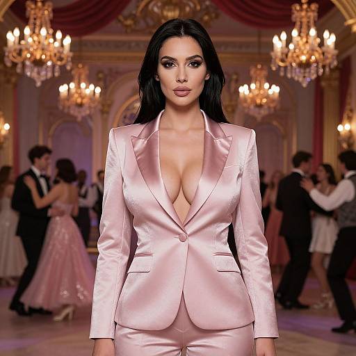 Photograph of a curvy woman with long black hair in a low-cut, pink satin suit, standing in an ornate ballroom with chandel