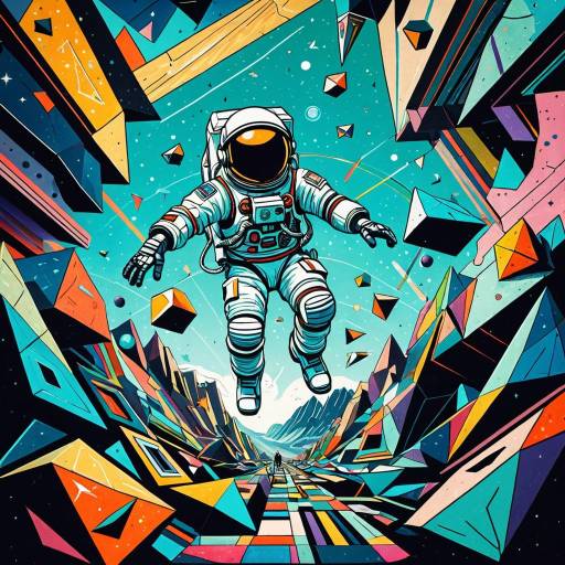 Cubism Style Astronaut Floating Over Alien Landscape