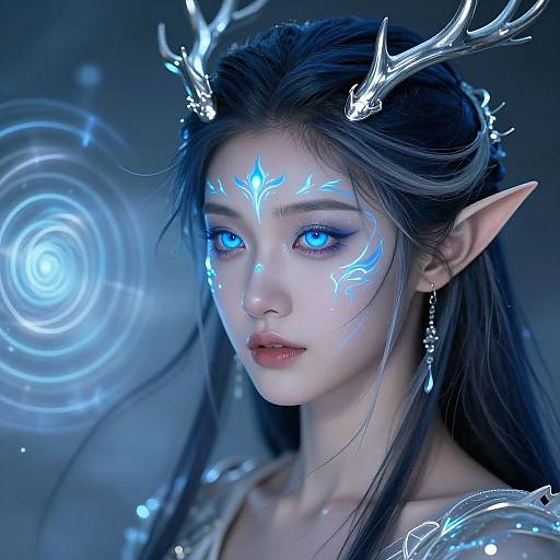 Digital art of a blue-eyed, pale-skinned elf woman with antler-like headgear, glowing blue tattoos, and long dark hair. Background features