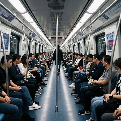 Photograph of a crowded subway car with Asian passengers seated, wearing casual clothes, looking at phones, under bright overhead lights.