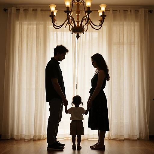 Silhouetted photograph of a family: father, mother, and child holding hands, standing before a bright window with a chandelier above.
