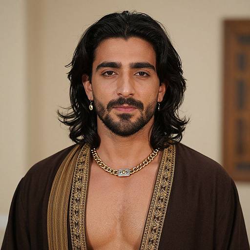 Photograph of a handsome Middle Eastern man with long black hair, beard, mustache, wearing a brown robe with gold trim, and a gold chain