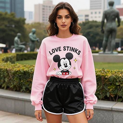 Woman in Pink Cartoon Sweatshirt and Black Shorts